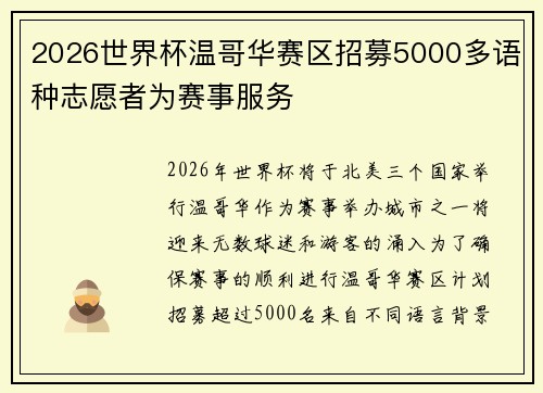 2026世界杯温哥华赛区招募5000多语种志愿者为赛事服务